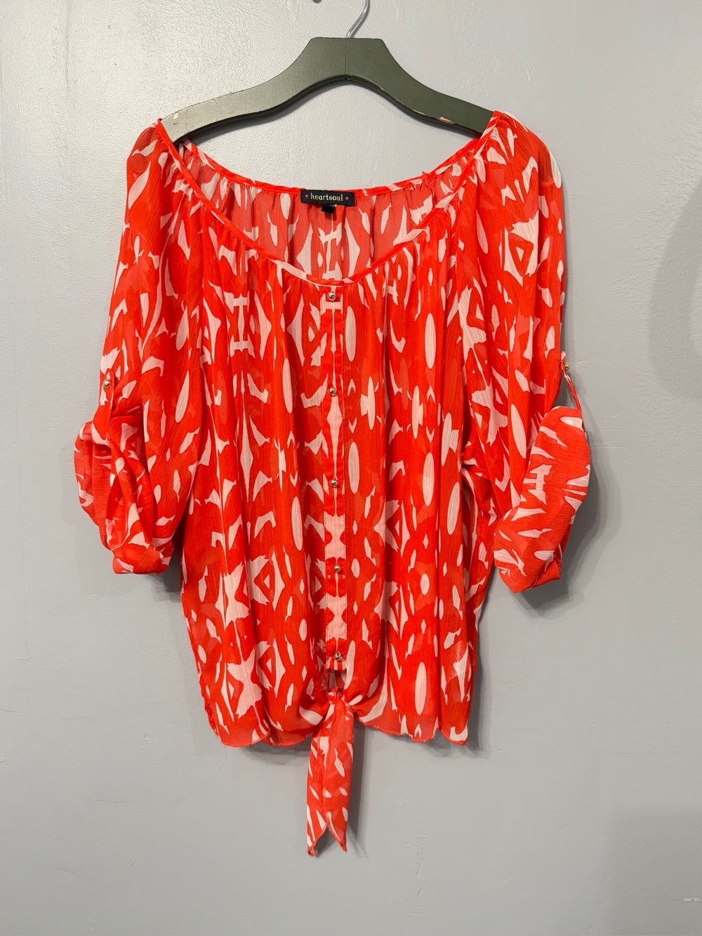 #17)  HeartSoul Women's Red & White Tie-Front Sheer Blouse